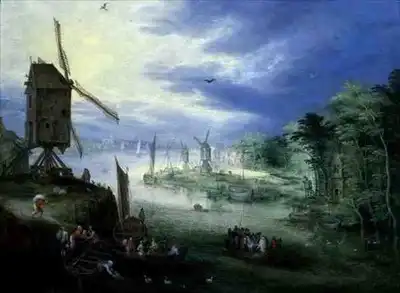 Brueghel, Jan, the younger: River scene with ...